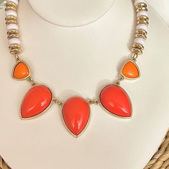NY & Co. Orange Teardrops, Statement Necklace with White & Gold Accent Beads. - Picture 7 of 11
